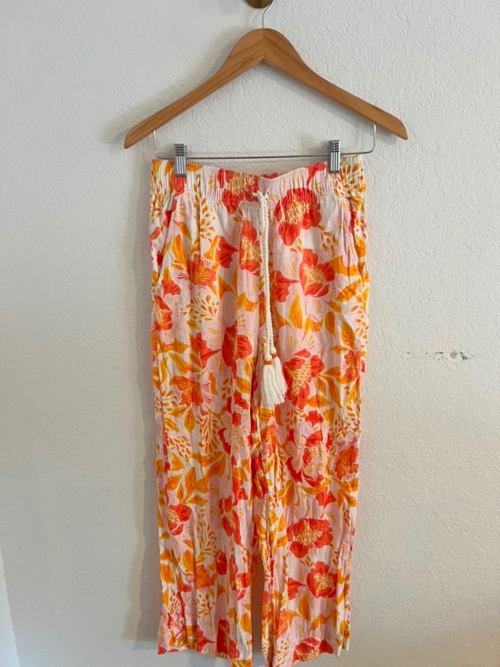 Women's Floral Flowy Linen Blend Pull On Pants - Pink & Orange, Sz S